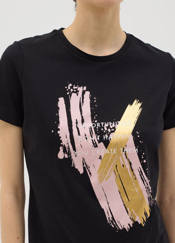 Ovs T-shirt Nera In Cotone Con Stampa In Foil
