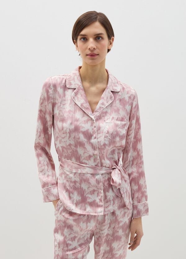 Ovs Top pigiama in satin rosa e bianco con cintura