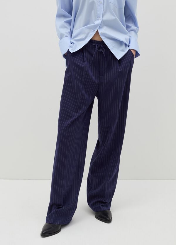 Ovs Pantalone Gessato A Gamba Larga Blu Con Cintura