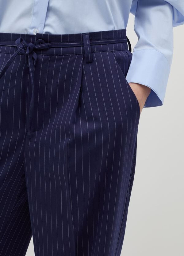 Ovs Pantalone Gessato A Gamba Larga Blu Con Cintura