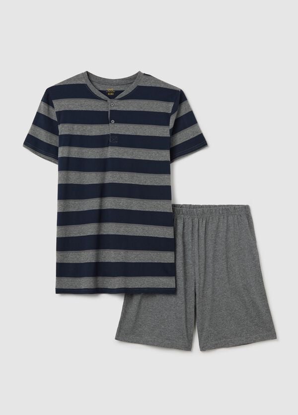 Ovs Pigiama corto blu e grigio in cotone con fantasia a righe