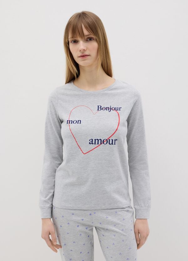 Ovs Pigiama Grigio In Puro Cotone Con Stampa "Bonjour Mon Amour"