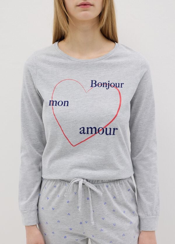 Ovs Pigiama Grigio In Puro Cotone Con Stampa "Bonjour Mon Amour"