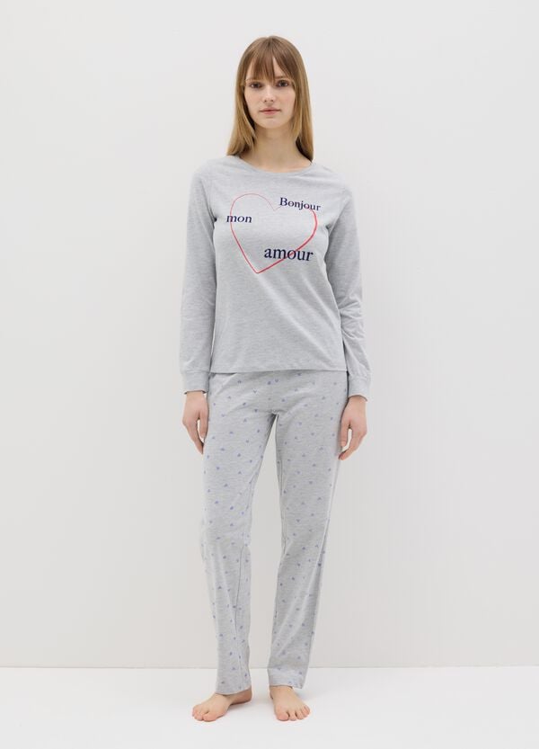 Ovs Pigiama grigio in puro cotone con stampa "Bonjour Mon Amour"