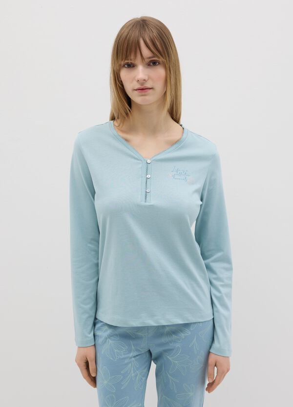 Ovs Pigiama In Cotone Azzurro Con Scollo Serafino E Stampa