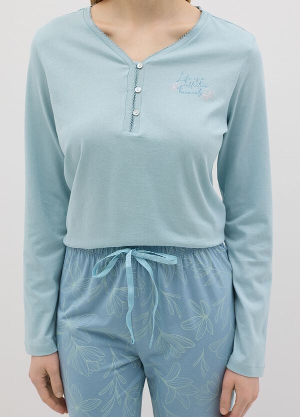 Ovs Pigiama In Cotone Azzurro Con Scollo Serafino E Stampa
