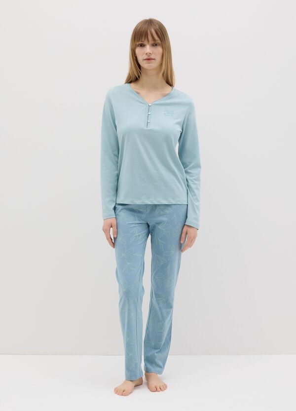 Ovs Pigiama in cotone azzurro con scollo serafino e stampa