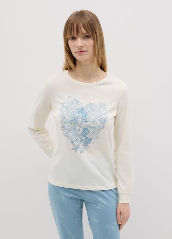 Ovs Pigiama In Cotone Bianco E Azzurro Con Stampa Floreale