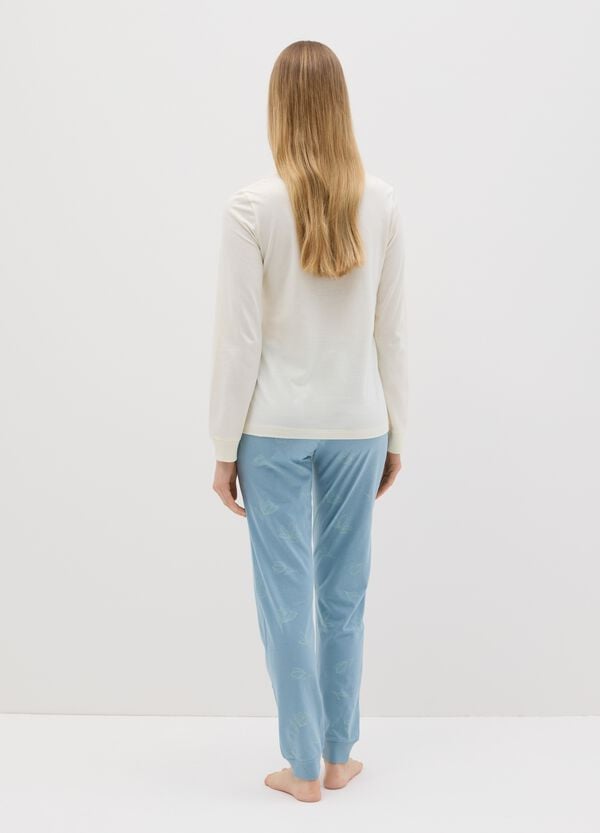 Ovs Pigiama In Cotone Bianco E Azzurro Con Stampa Floreale