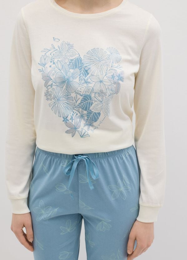 Ovs Pigiama In Cotone Bianco E Azzurro Con Stampa Floreale