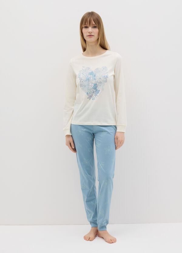 Ovs Pigiama in cotone bianco e azzurro con stampa floreale