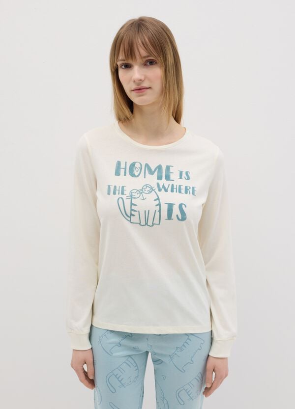 Ovs Pigiama In Cotone Bianco E Azzurro Con Stampa Gatto