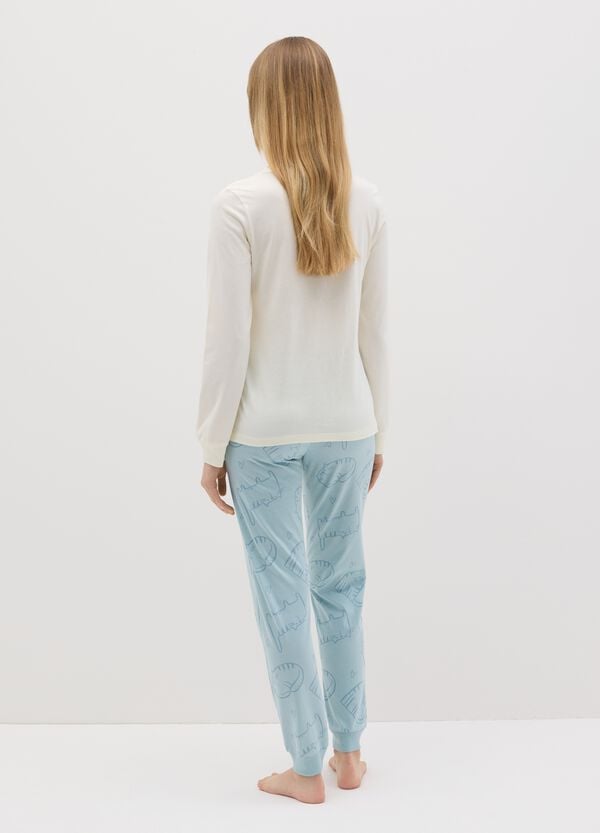 Ovs Pigiama In Cotone Bianco E Azzurro Con Stampa Gatto