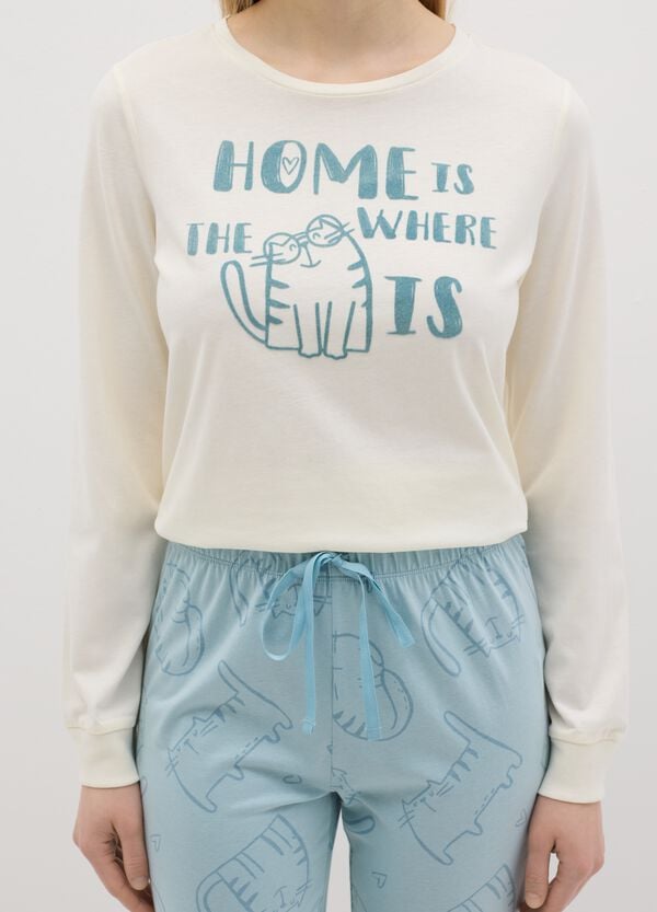 Ovs Pigiama In Cotone Bianco E Azzurro Con Stampa Gatto