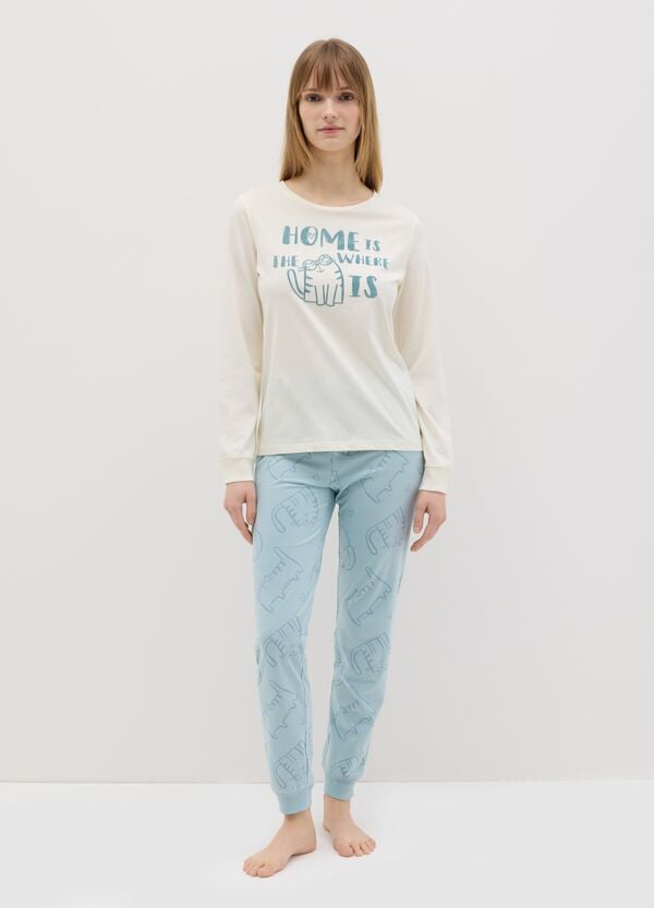 Ovs Pigiama in cotone bianco e azzurro con stampa gatto