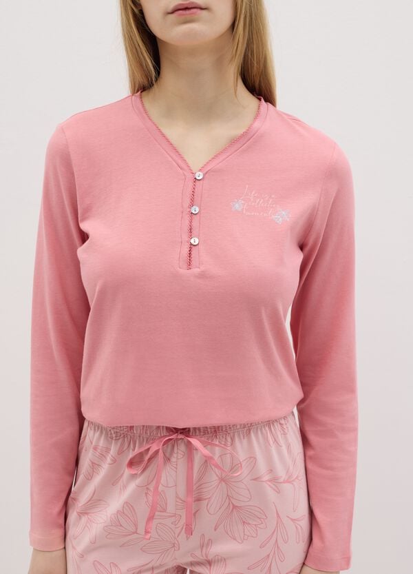 Ovs Pigiama In Cotone Rosa Con Scollo Serafino E Stampa