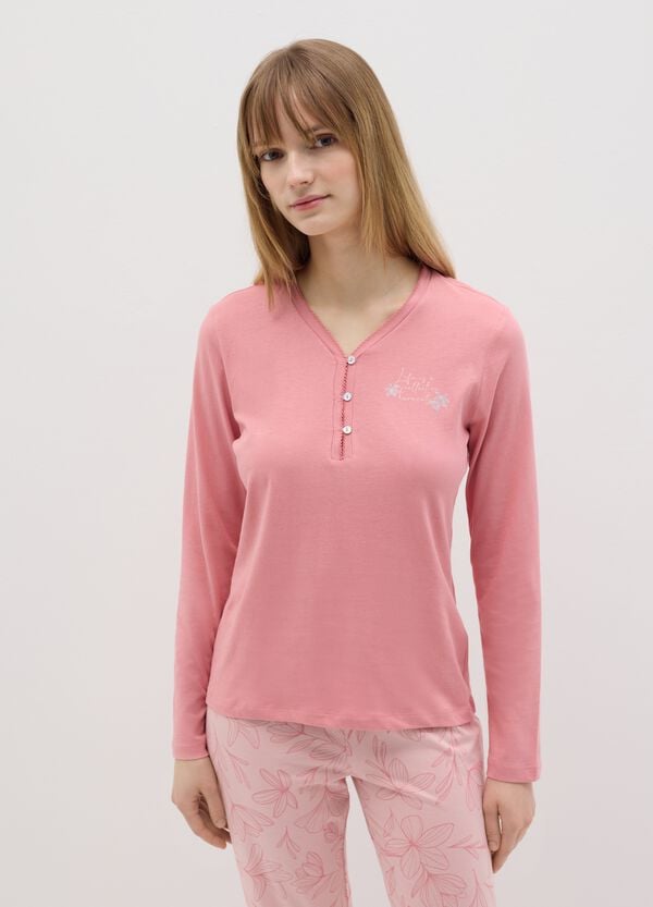 Ovs Pigiama in cotone rosa con scollo serafino e stampa