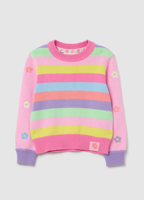 Ovs Pullover in cotone a righe con ricamo fiorellini