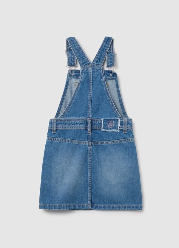 Ovs Salopette Gonna In Denim Con Strass E Patch "Love"