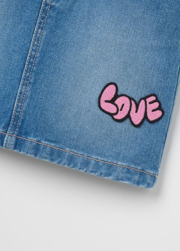 Ovs Salopette Gonna In Denim Con Strass E Patch "Love"