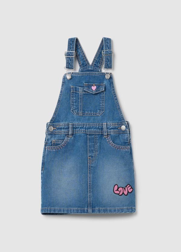Ovs Salopette gonna in denim con strass e patch "Love"