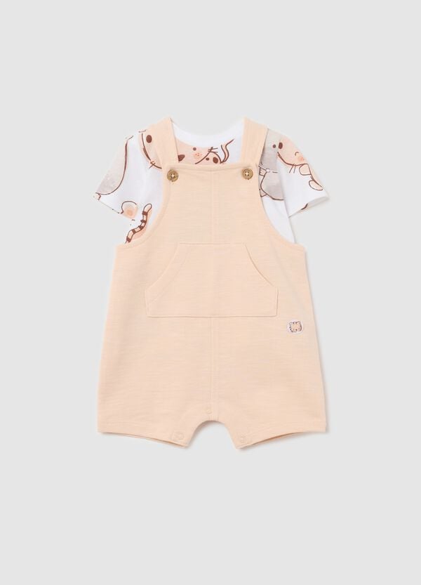 Ovs Set t-shirt con stampa e salopette in cotone bianco rosa