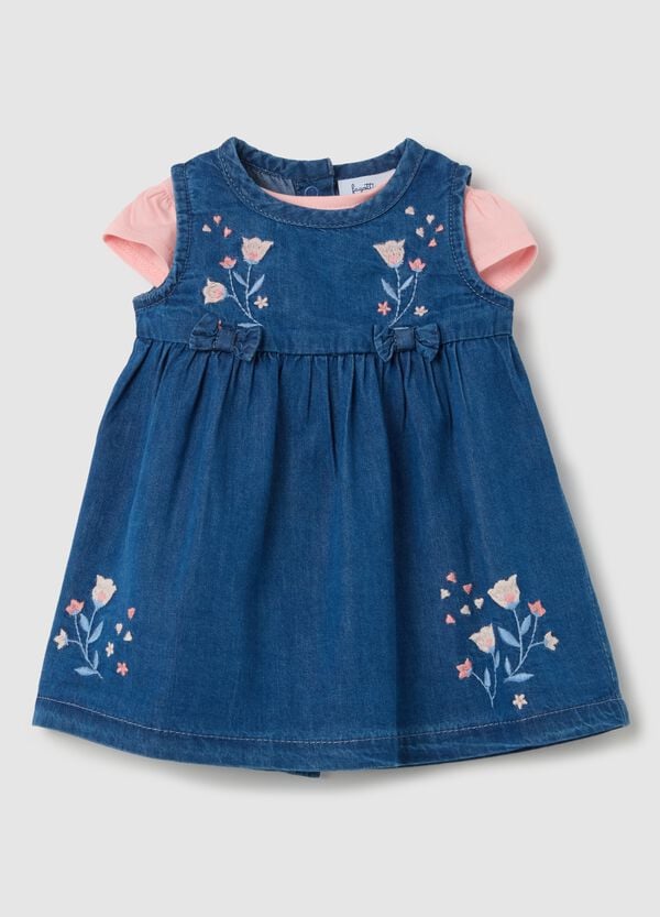 Ovs Set t-shirt in cotone e vestitino in denim con ricamo