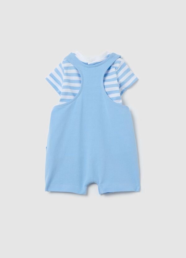 Ovs Set T-shirt In Fantasia A Righe E Salopette In Cotone
