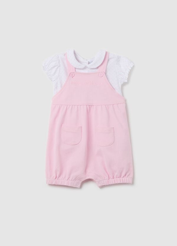 Ovs Set t-shirt in fantasia micro pois e salopette in cotone
