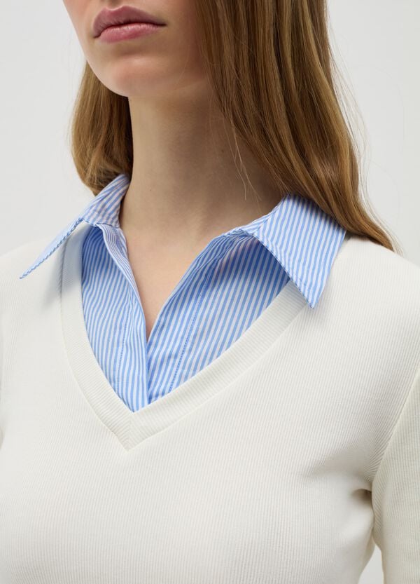 Ovs T-shirt A Costine Bianco Con Colletto A Contrasto