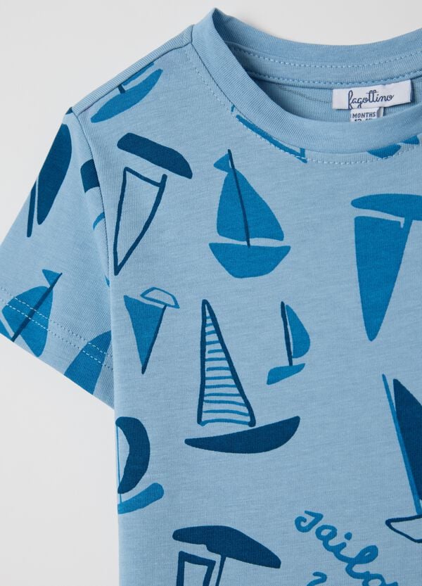 Ovs T-shirt Azzurra In Cotone Con Stampa Barche A Vela