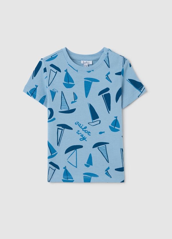 Ovs T-shirt azzurra in cotone con stampa barche a vela