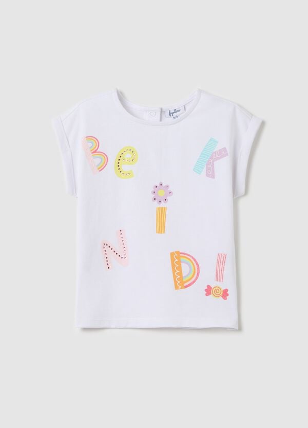 Ovs T-shirt bianca con stampa e applicazione strass