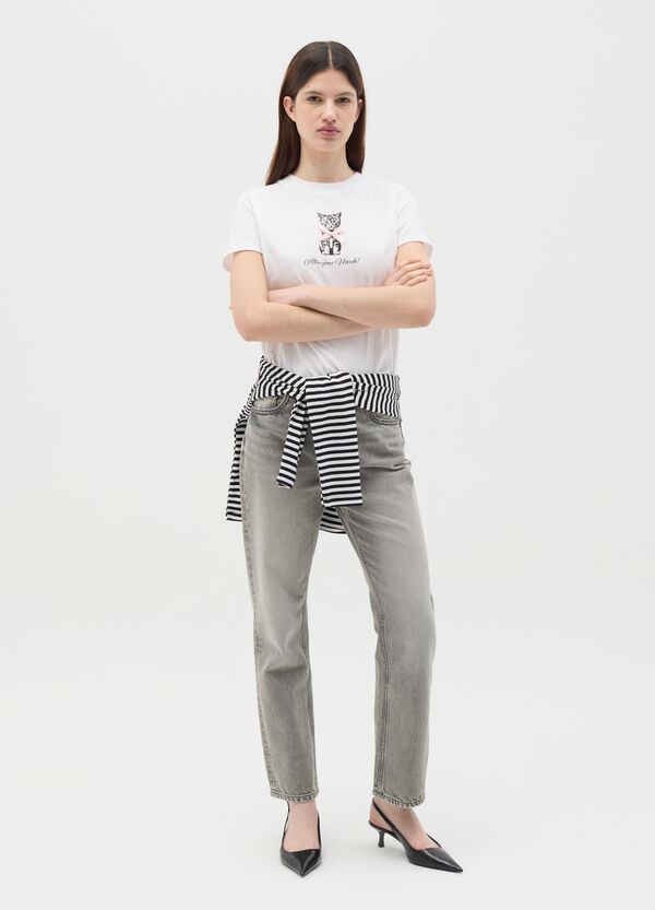 Ovs T-shirt Bianca In Cotone Con Stampa Gattino "Attenzione Mordo "