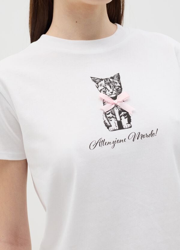 Ovs T-shirt Bianca In Cotone Con Stampa Gattino "Attenzione Mordo "