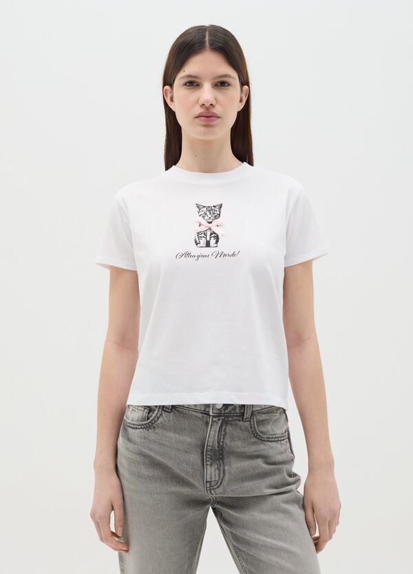 Ovs T-shirt bianca in cotone con stampa gattino "Attenzione mordo "
