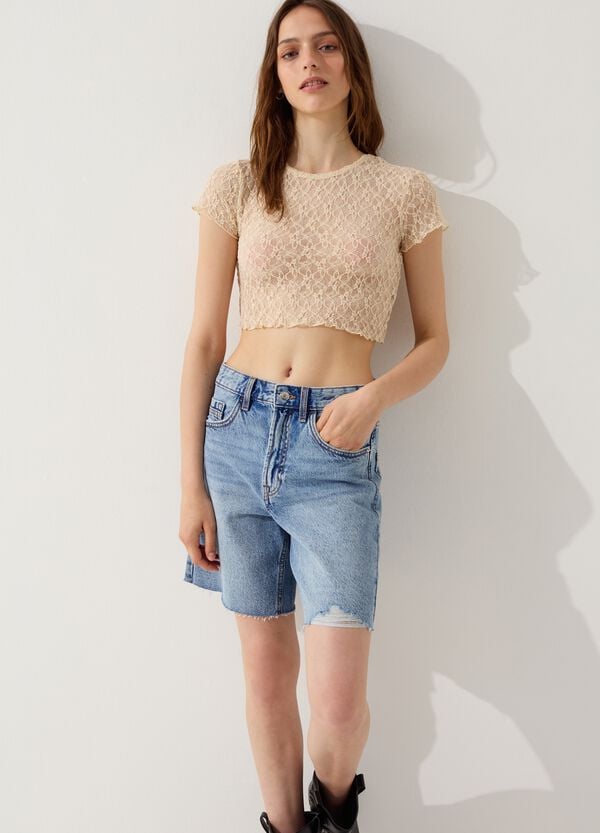 Ovs T-shirt Crop Semitrasparente Con Profili Ondulati