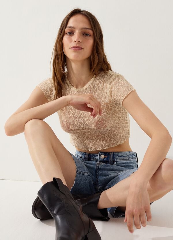 Ovs T-shirt crop semitrasparente con profili ondulati