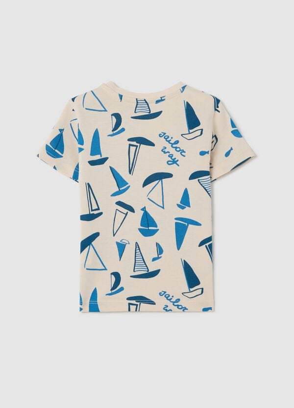 Ovs T-shirt Ecru In Cotone Con Stampa Barche A Vela