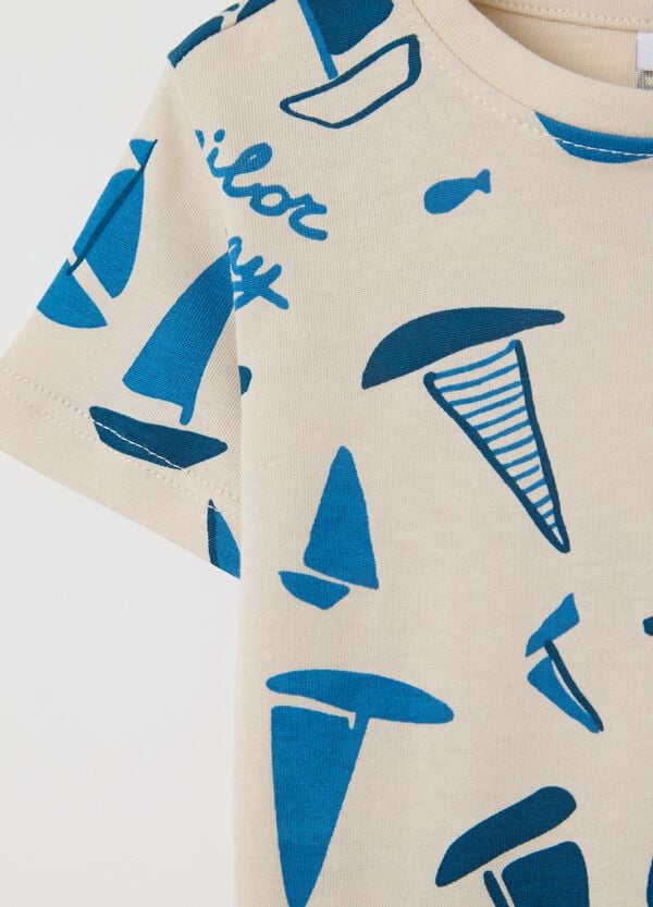 Ovs T-shirt Ecru In Cotone Con Stampa Barche A Vela