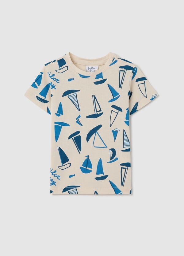 Ovs T-shirt ecru in cotone con stampa barche a vela