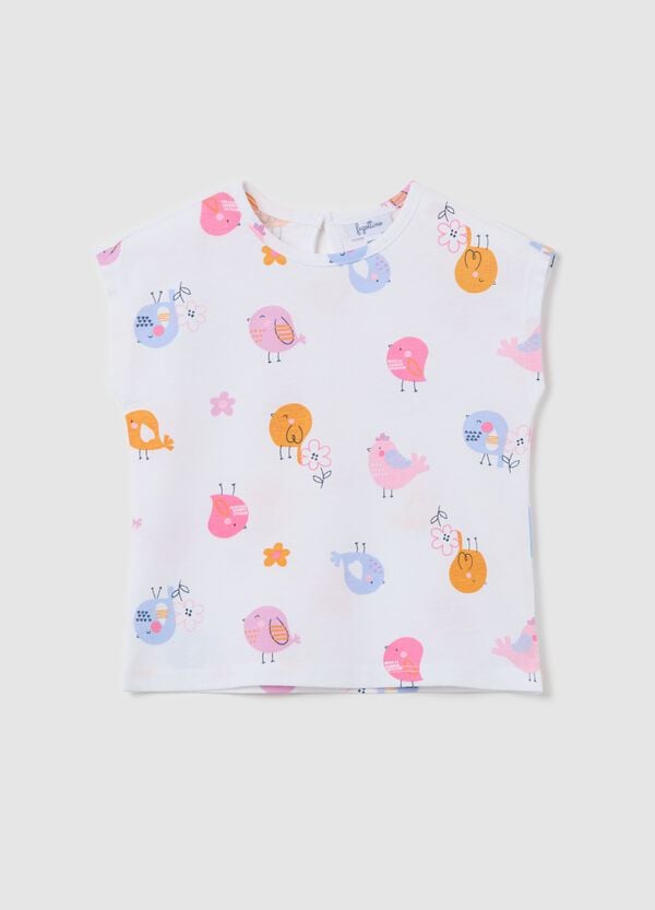Ovs T-shirt in cotone con stampa fiori e uccellini bianco