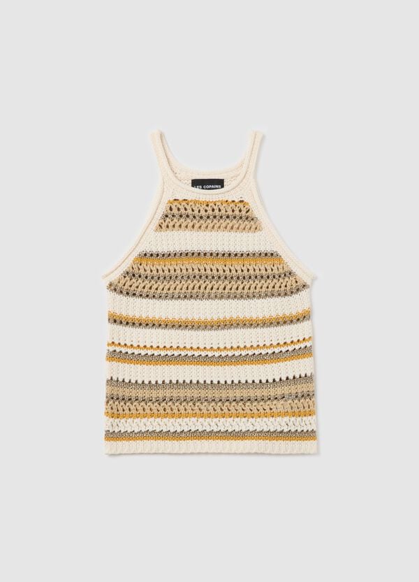Ovs Tank top a righe crochet beige e giallo con dettagli lurex