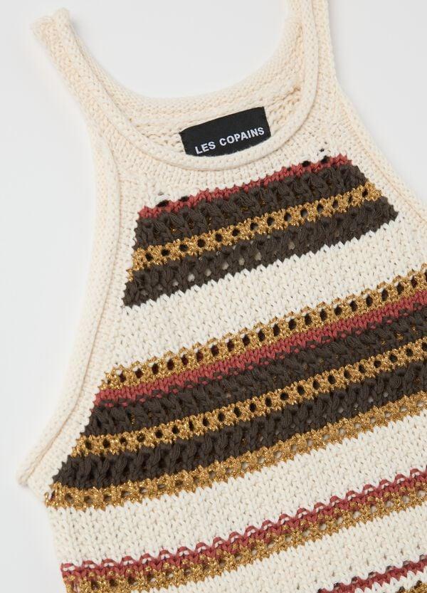 Ovs Tank Top A Righe Crochet Beige E Marrone Con Dettagli Lurex