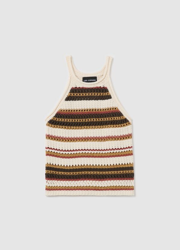 Ovs Tank top a righe crochet beige e marrone con dettagli lurex