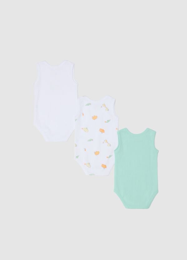 Ovs Tripack Body Smanicati In Cotone Bio Con Stampa Bianco Verde