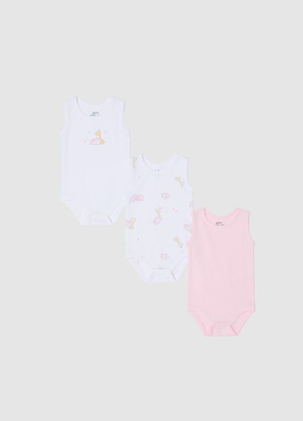 Ovs Tripack body smanicati in cotone bio con stampa bianco rosa