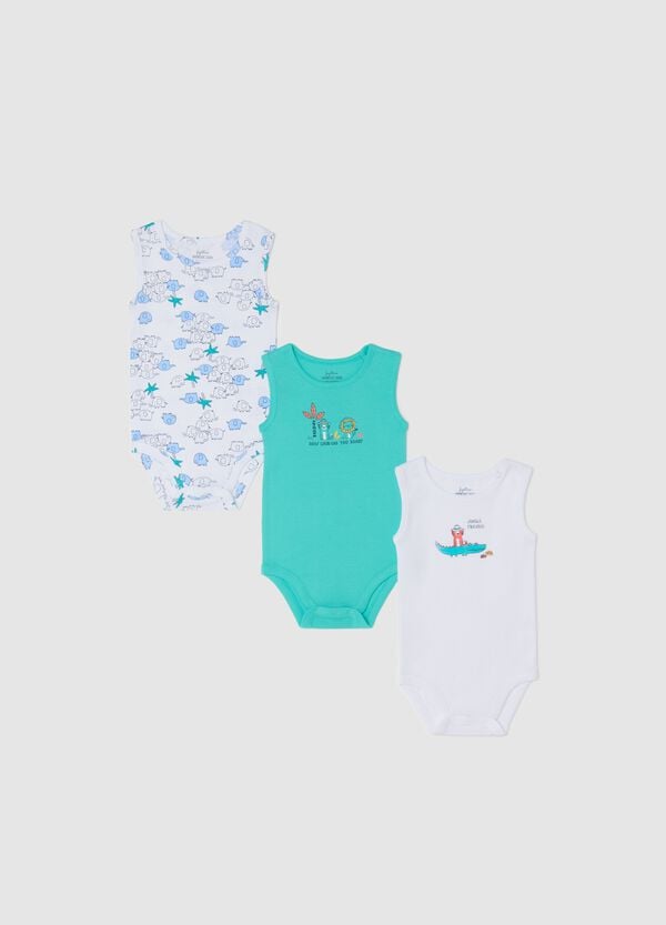 Ovs Tripack body smanicati in cotone bio con stampa bianco verde