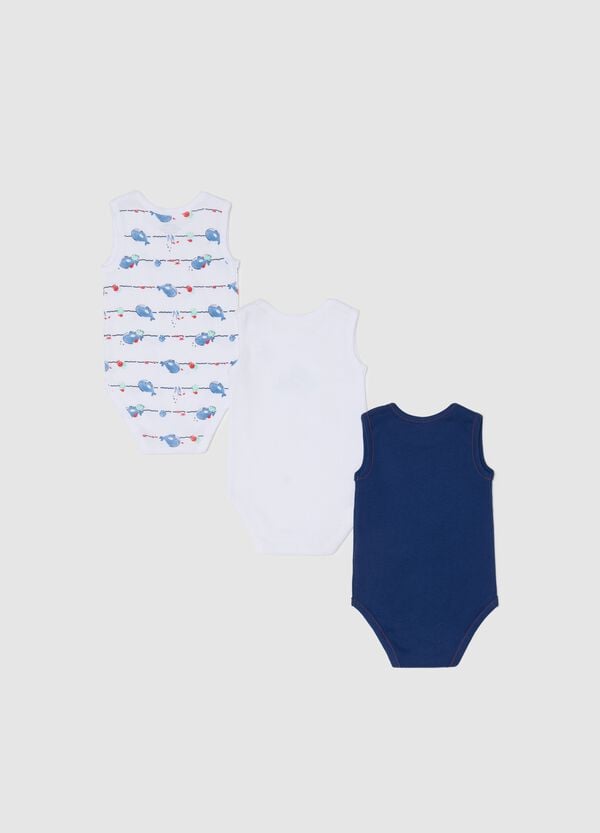Ovs Tripack Body Smanicati In Cotone Bio Con Stampa Blu Bianco