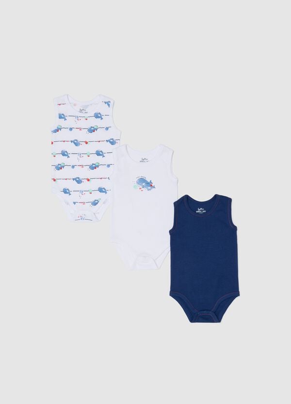 Ovs Tripack body smanicati in cotone bio con stampa blu bianco
